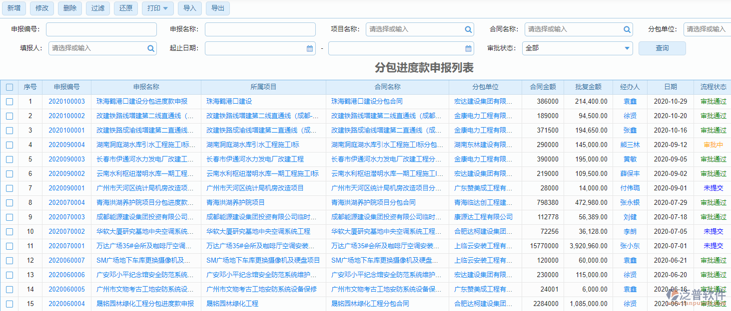 進(jìn)度款申報(bào)列表